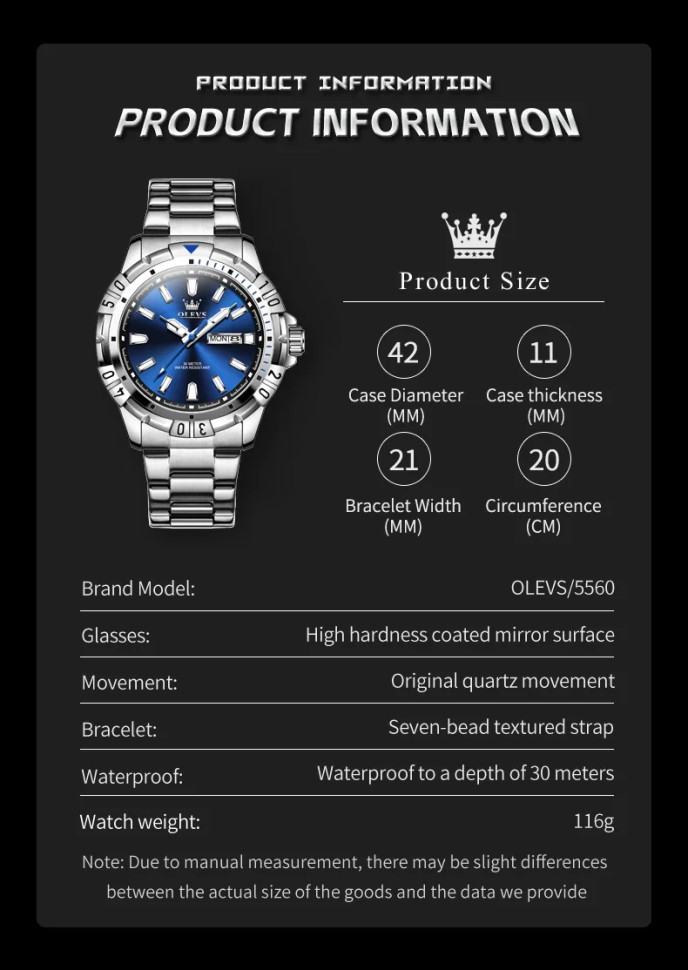 Чоловічий годинник OLEVS silver + blue