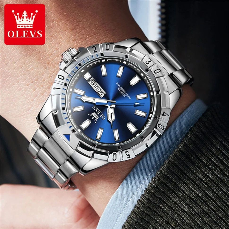 Чоловічий годинник OLEVS silver + blue