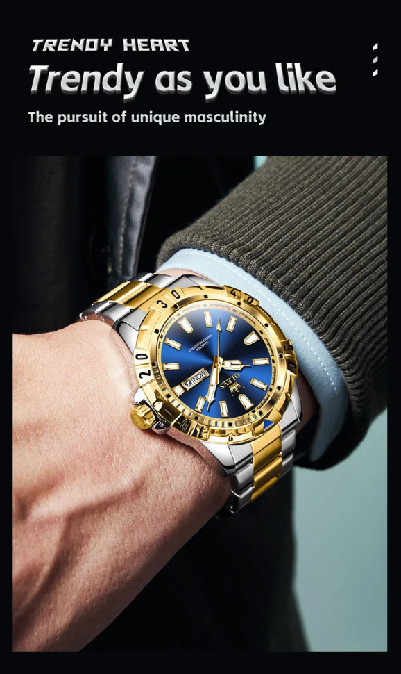 Чоловічий годинник OLEVS gold + silver + blue