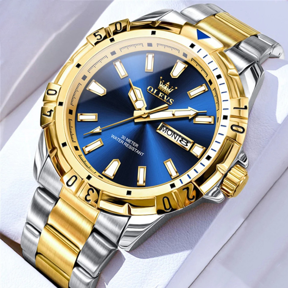 Чоловічий годинник OLEVS gold + silver + blue
