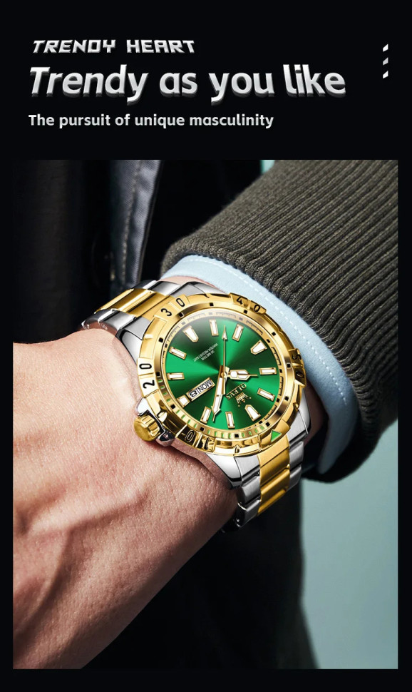 Чоловічий годинник OLEVS gold + silver + green