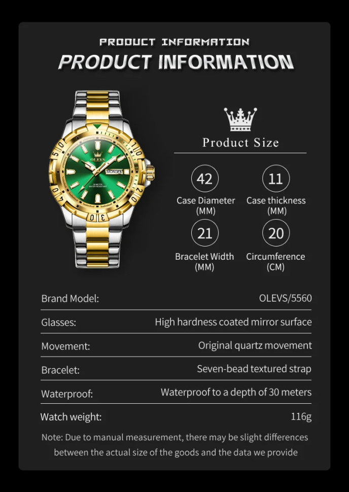 Чоловічий годинник OLEVS gold + silver + green