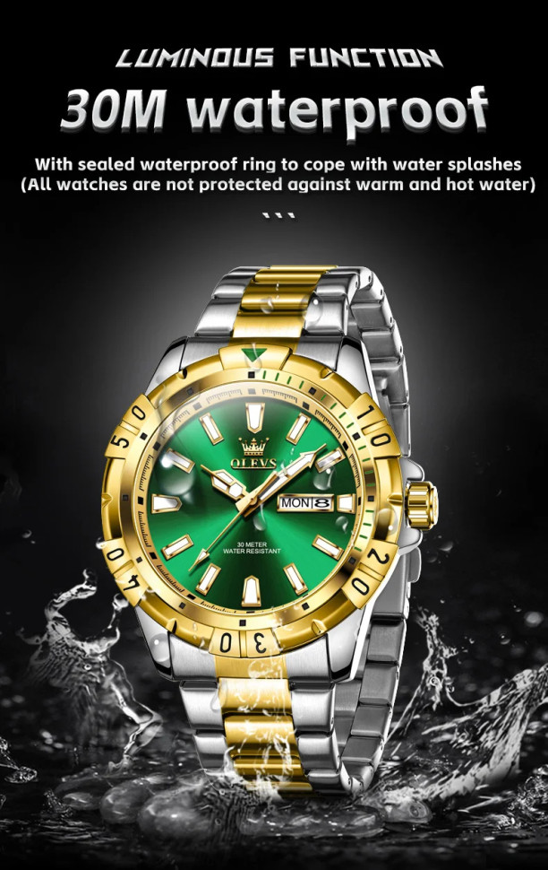 Чоловічий годинник OLEVS gold + silver + green