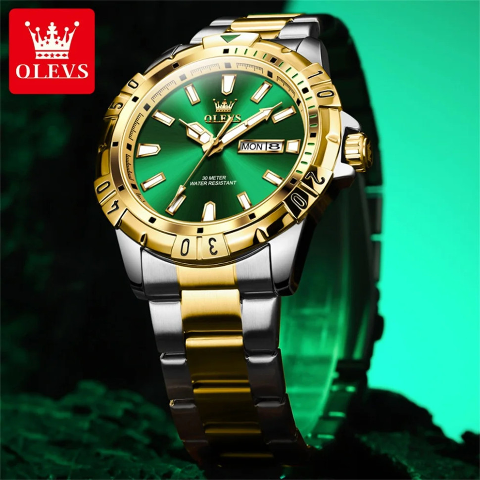 Чоловічий годинник OLEVS gold + silver + green