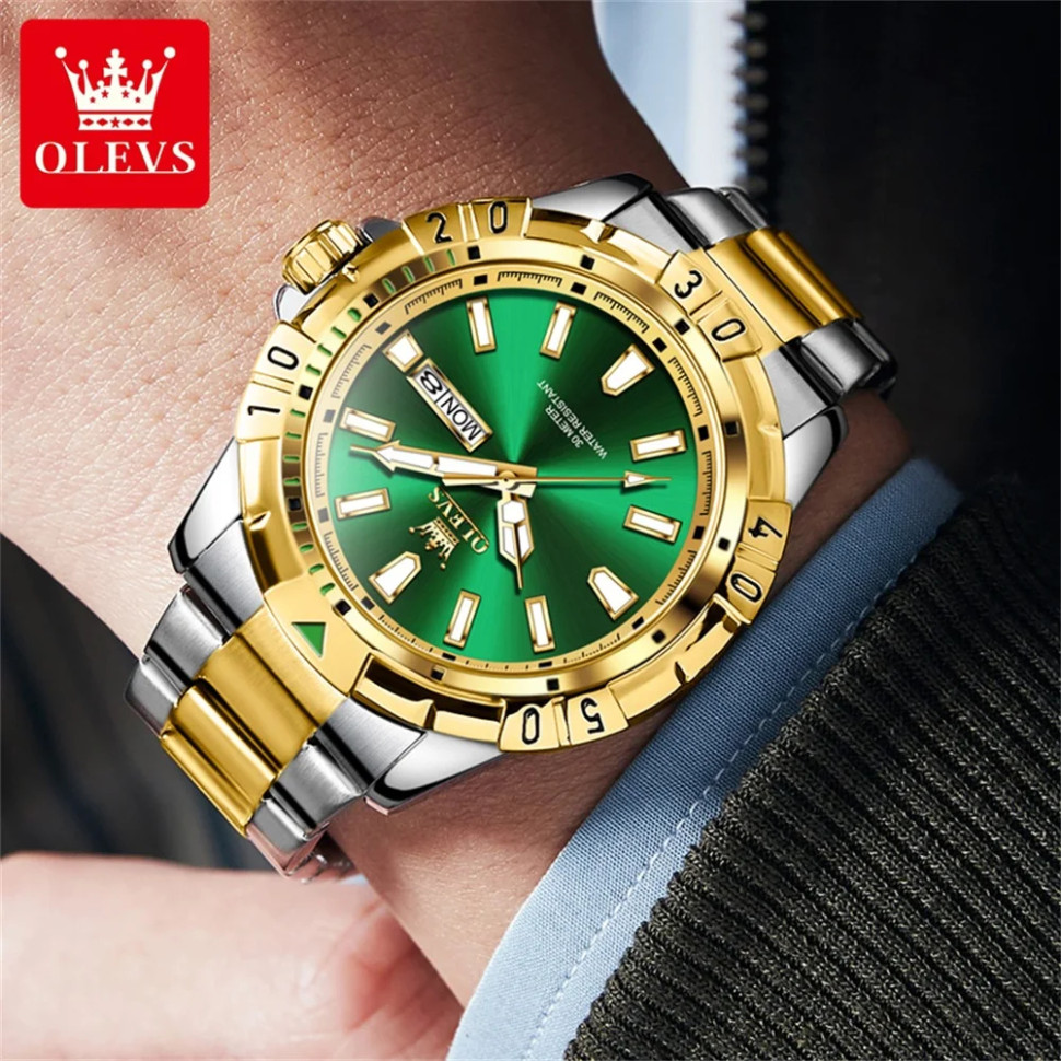 Чоловічий годинник OLEVS gold + silver + green