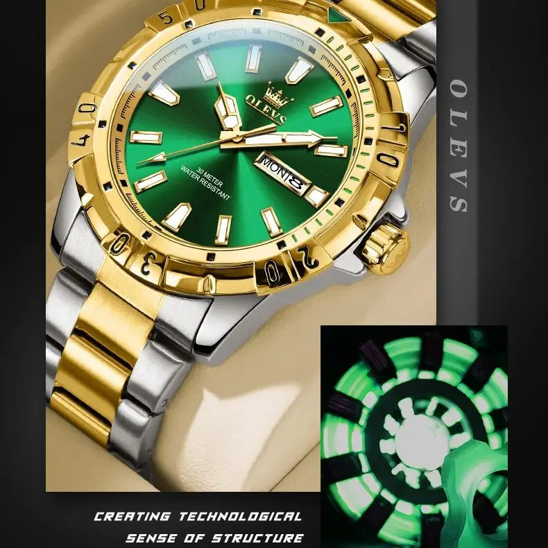 Чоловічий годинник OLEVS gold + silver + green