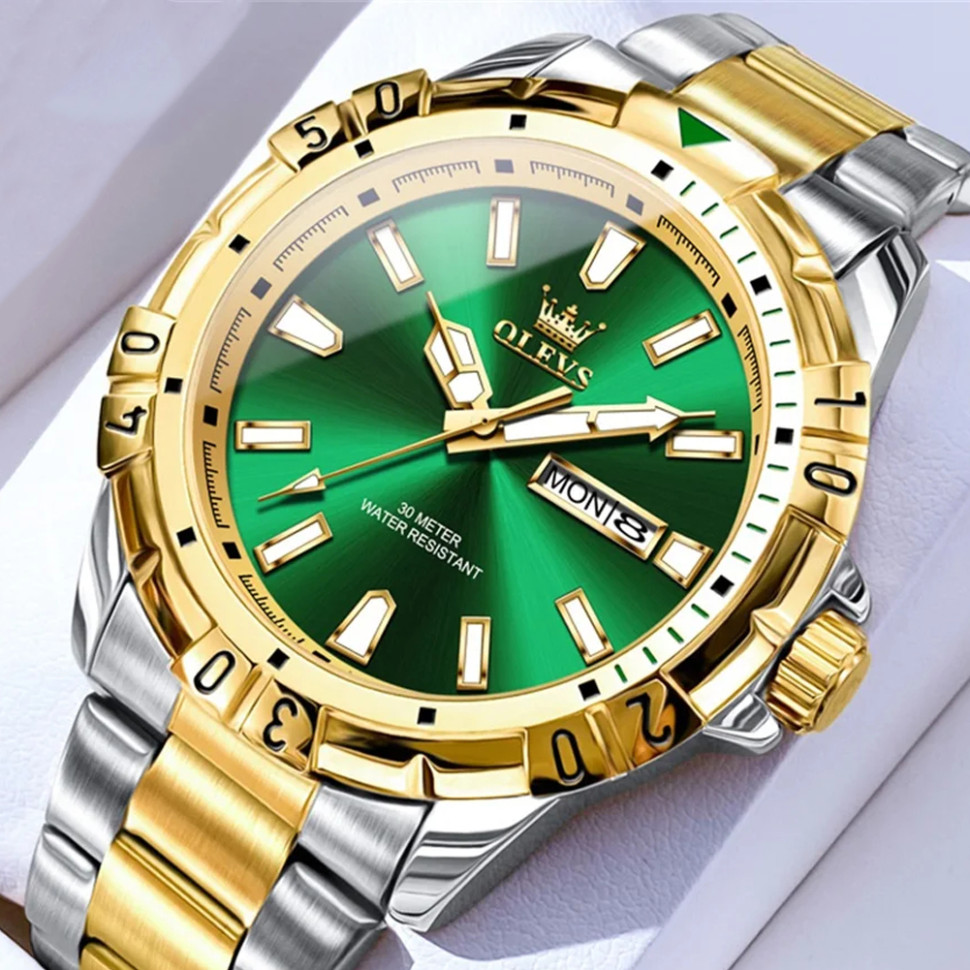 Чоловічий годинник OLEVS gold + silver + green