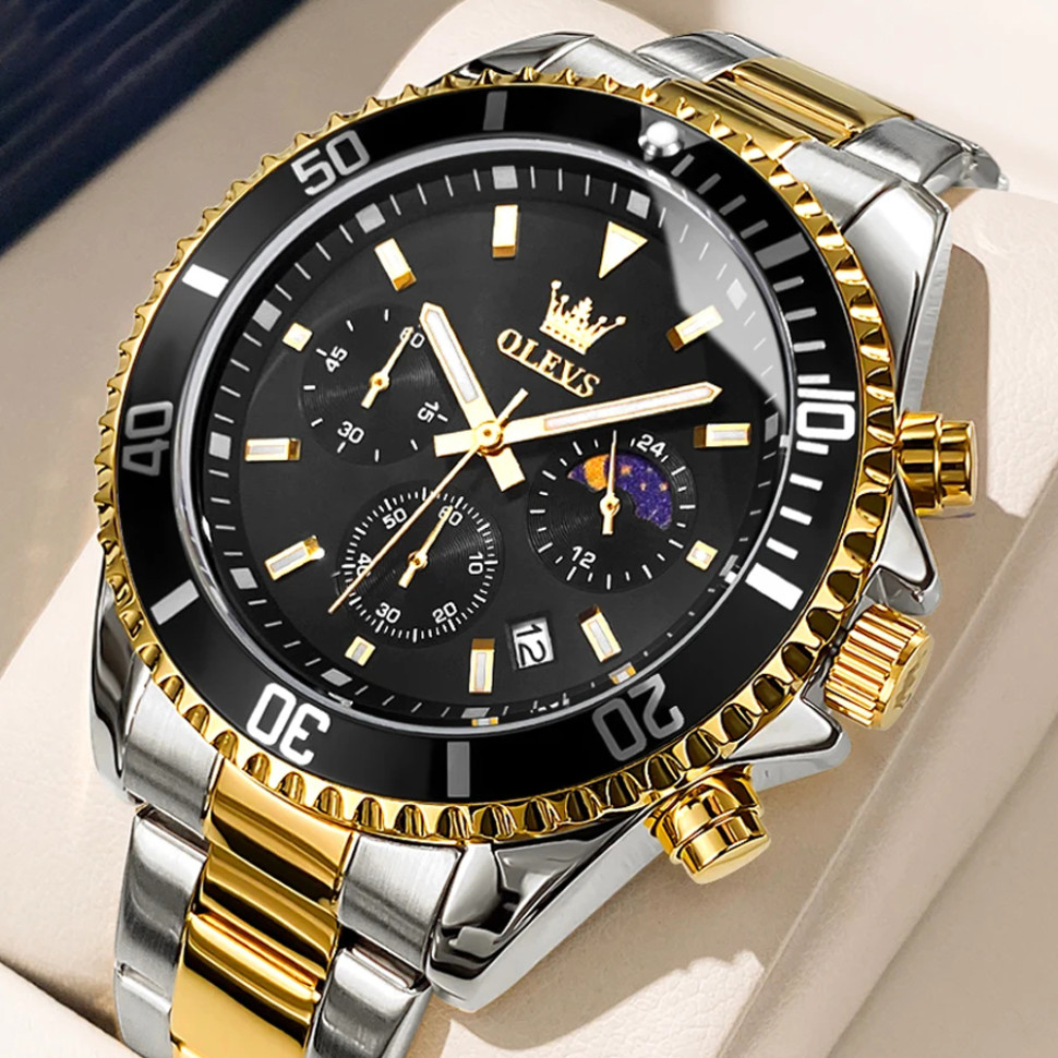 Чоловічий годинник OLEVS gold + silver + black