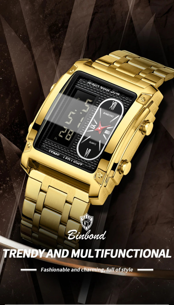 Чоловічий годинник BINBOND gold + black