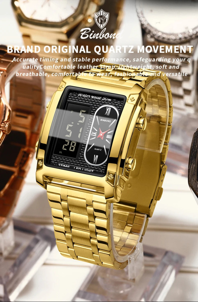 Чоловічий годинник BINBOND gold + black