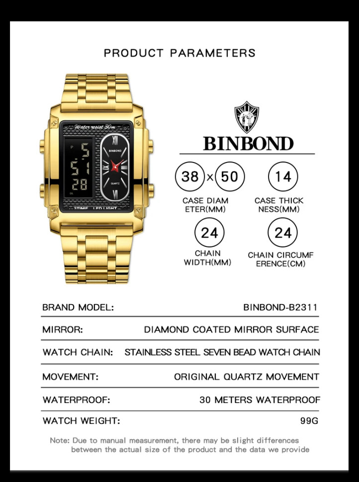 Чоловічий годинник BINBOND gold + black