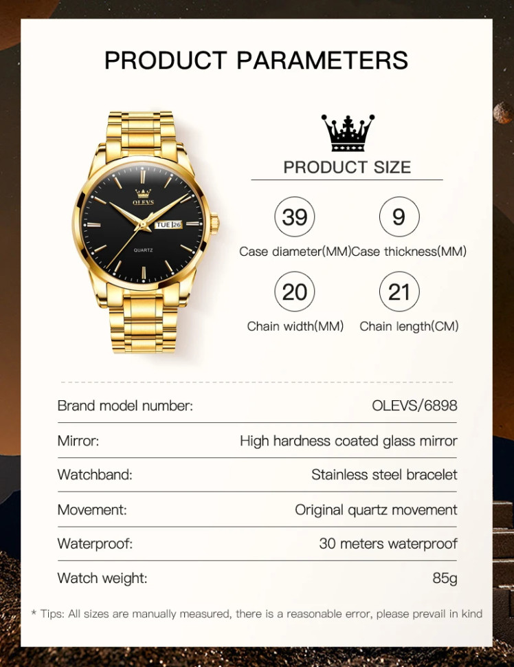 Чоловічий годинник OLEVS gold + black