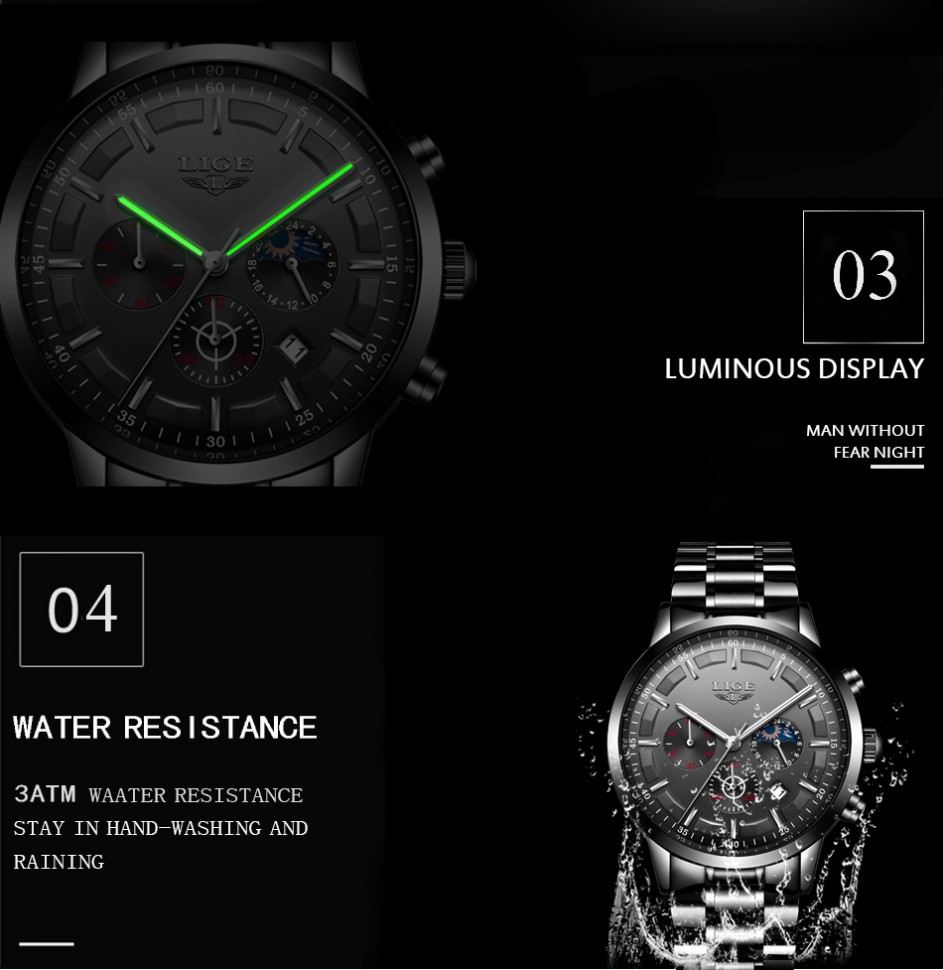 Чоловічий годинник LIGE black+silver