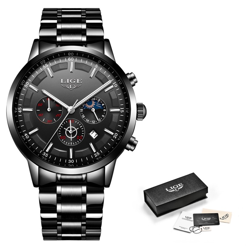 Чоловічий годинник LIGE black+silver