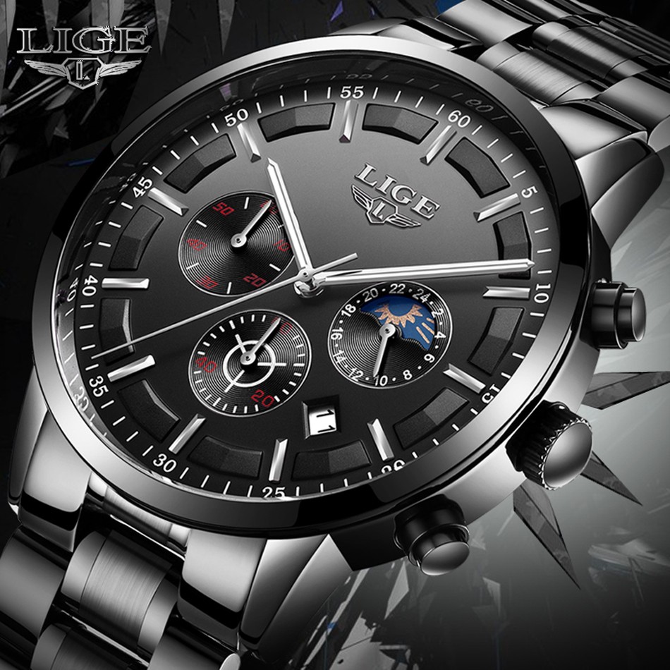 Чоловічий годинник LIGE black+silver