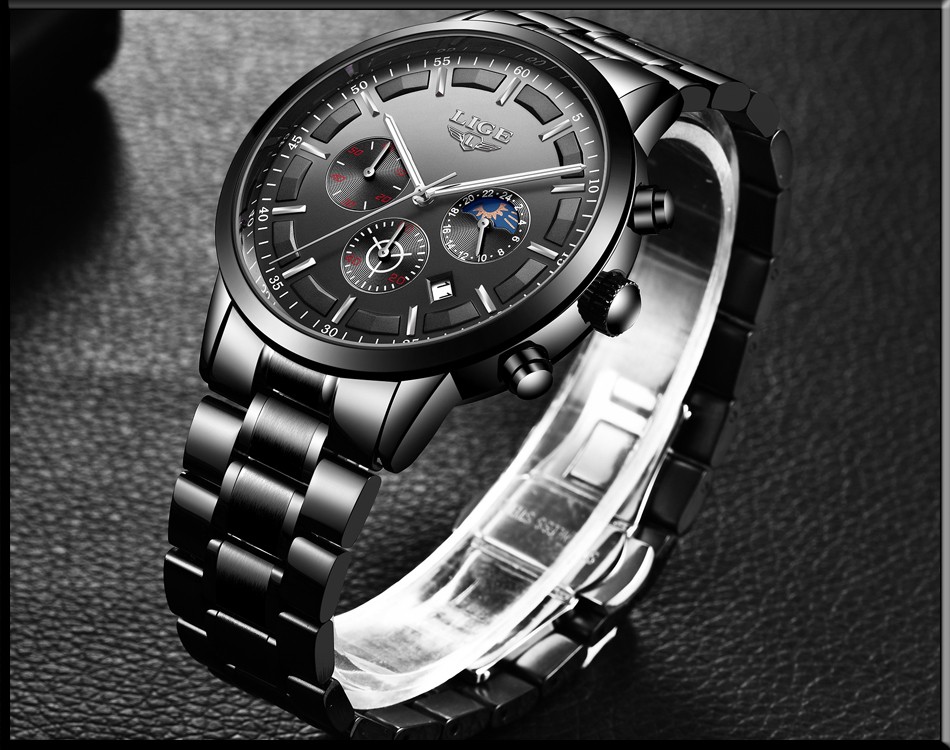Чоловічий годинник LIGE black+silver