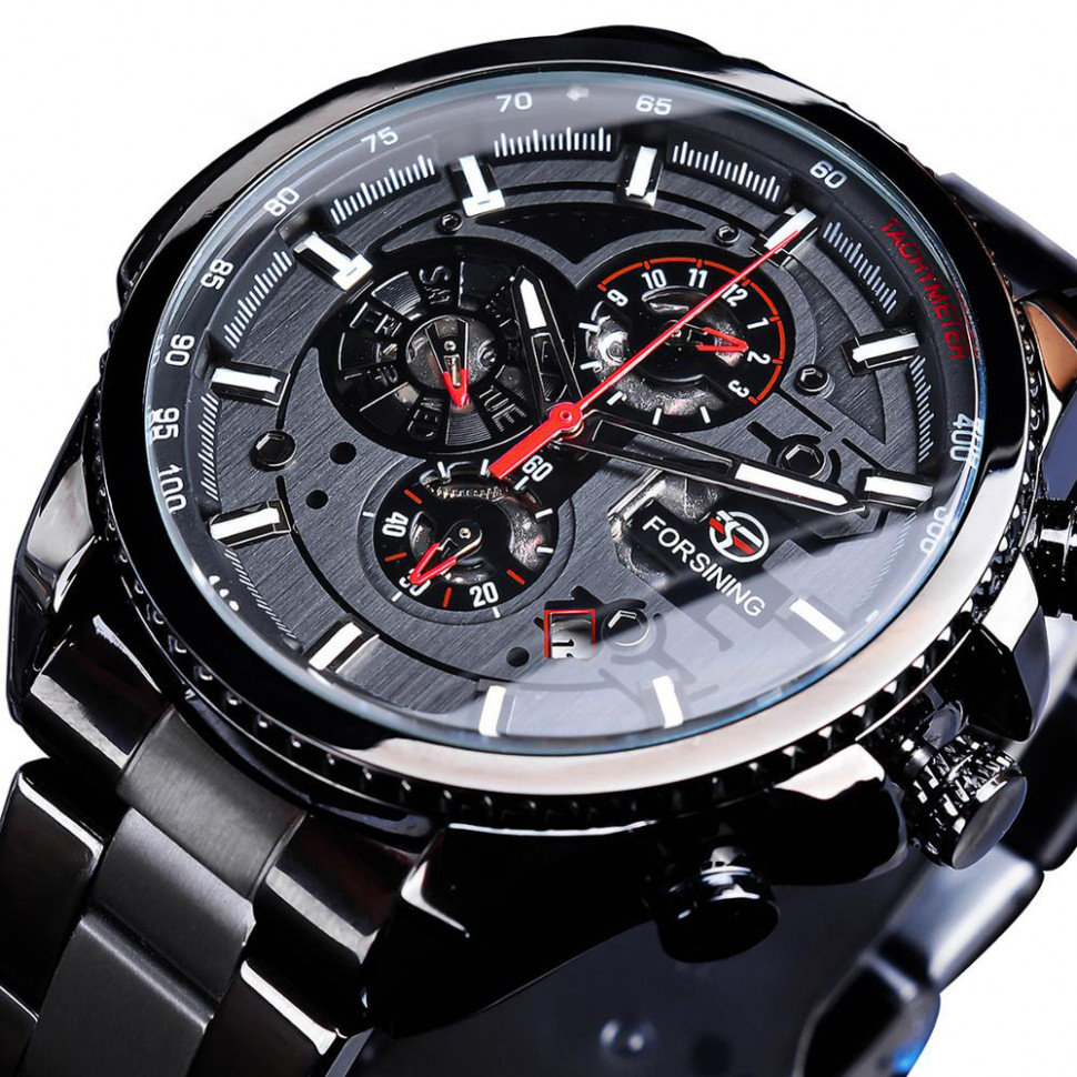 Чоловічий годинник механічний Forsining black+silver